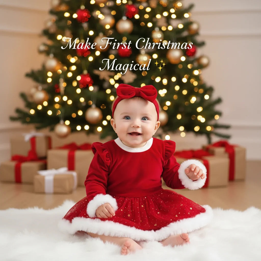 Baby girl in red sequin Christmas romper under tree with text “Make First Christmas Magical” overlayed.