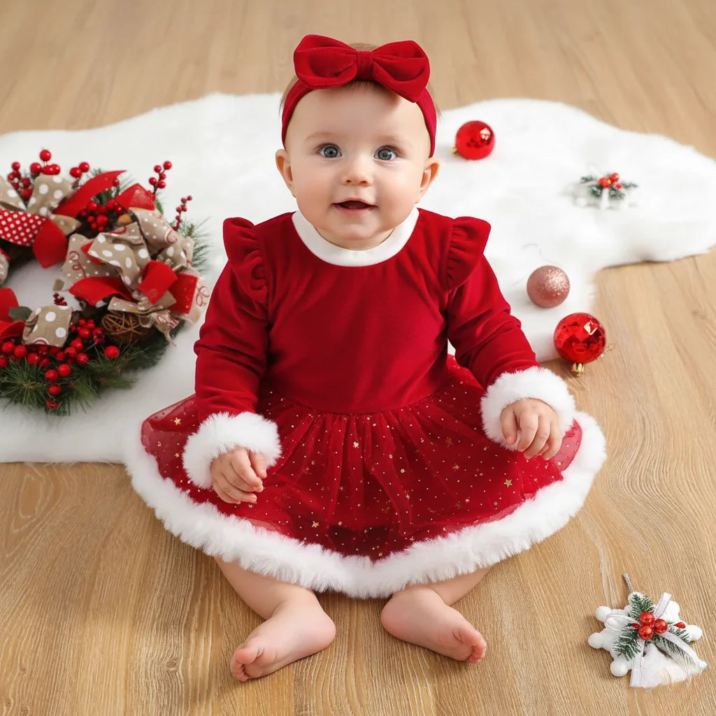 Baby girl in red velvet romper and bow headband sitting on floor surrounded by holiday decor and ornaments.