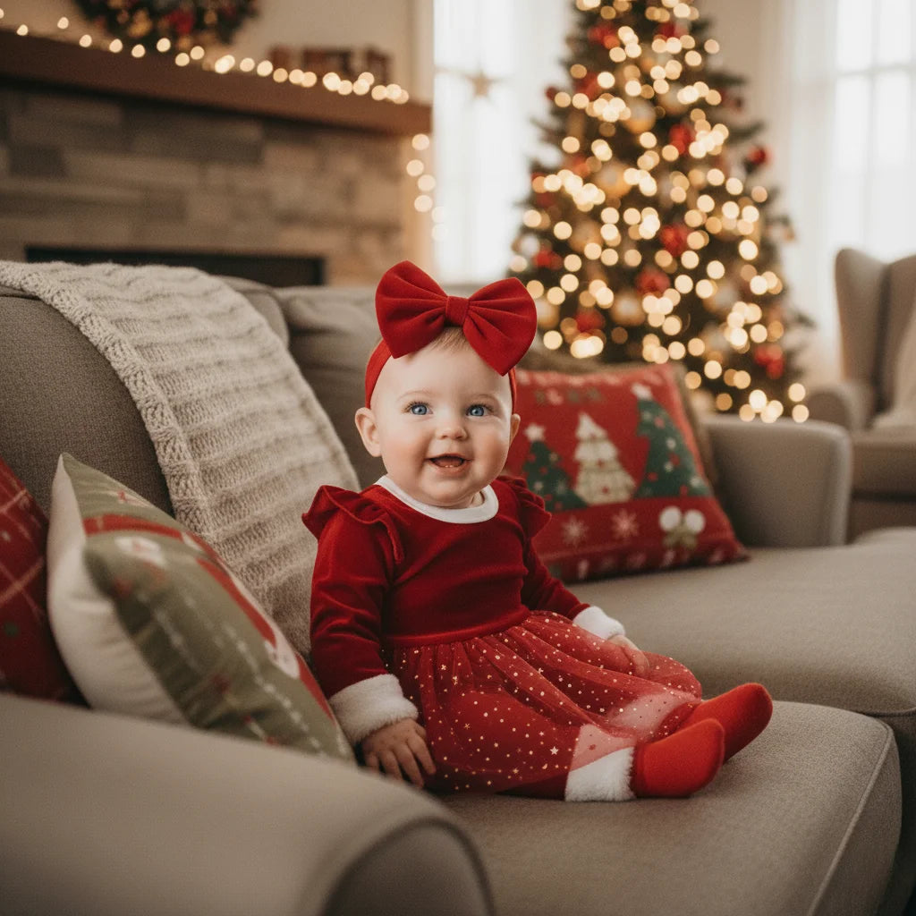 Baby girl in red Christmas romper smiling near fireplace and decorated Christmas tree.