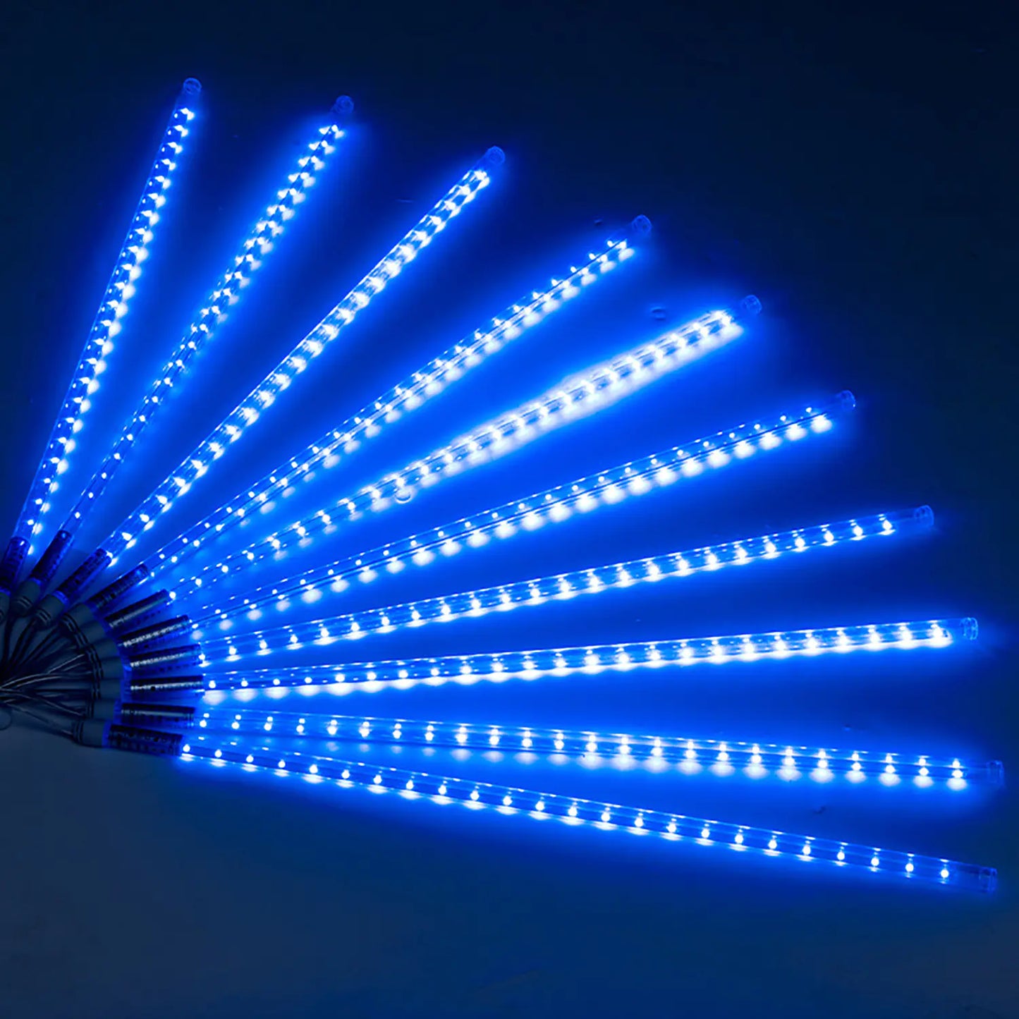 Blue Velaflare LED meteor shower lights cascading with bright, cool tones for modern festive lighting.