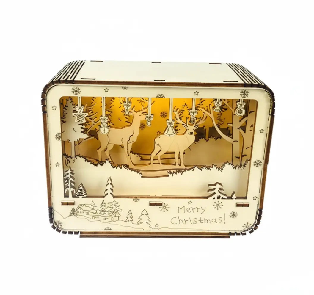 Velaflare 3D wooden LED Christmas light box with intricate reindeer design on white background for product display.