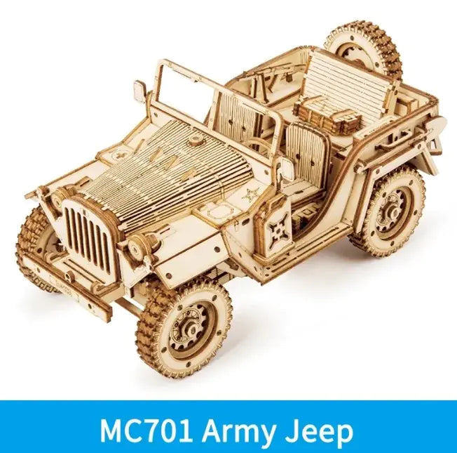 Velaflare 3D wooden puzzle army jeep model — detailed handcrafted off-road vehicle with rotating wheels and gear system.”