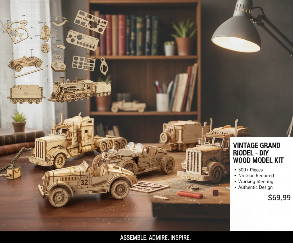 Velaflare 3D wooden puzzle models being assembled on a craftsman’s desk surrounded by books and tools in cozy workshop lighting.