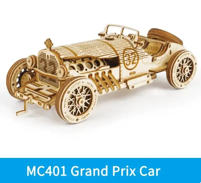 Velaflare 3D wooden puzzle Grand Prix car model with realistic wheels and open-engine design handcrafted from wood.