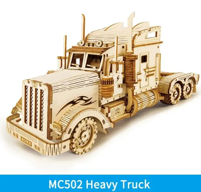 Velaflare 3D wooden puzzle heavy truck model — intricate mechanical wooden build featuring gears and vintage detailing.