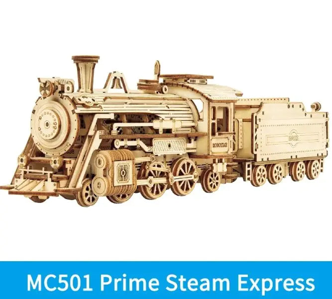 Velaflare 3D wooden puzzle Prime Steam Express model — handcrafted mechanical steam locomotive with detailed gears and moving wheels.