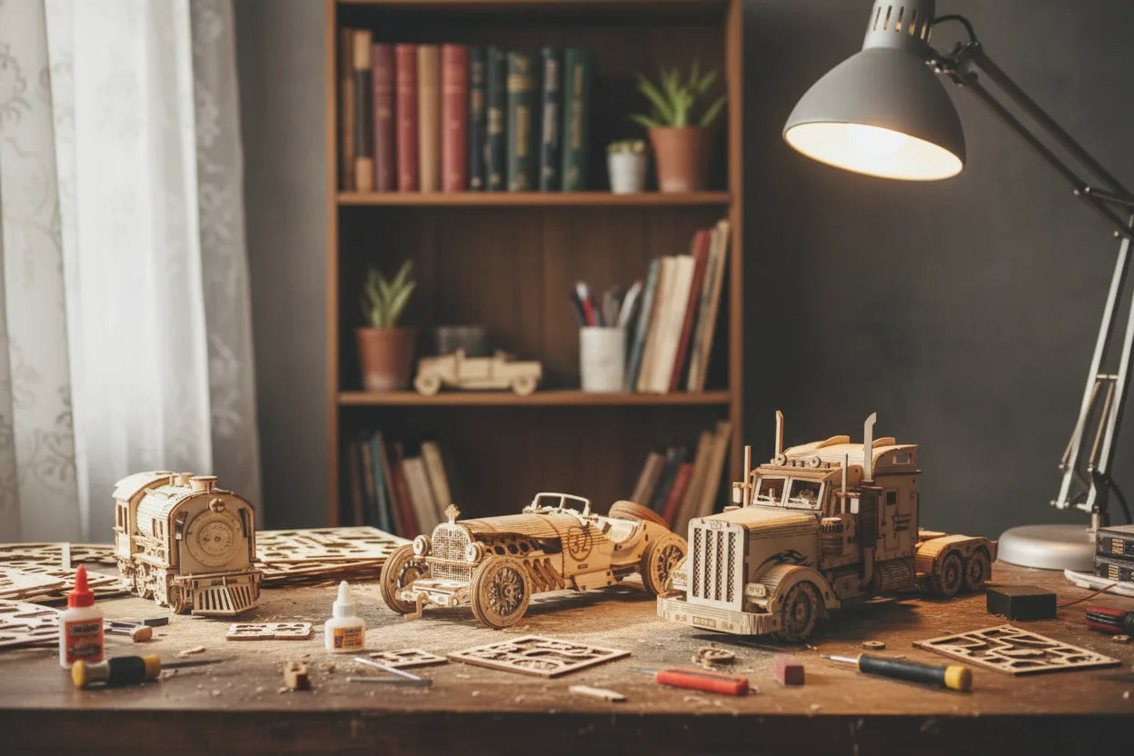 Velaflare 3D wooden puzzle assembly scene showing unboxed parts and tools on a creative workspace.