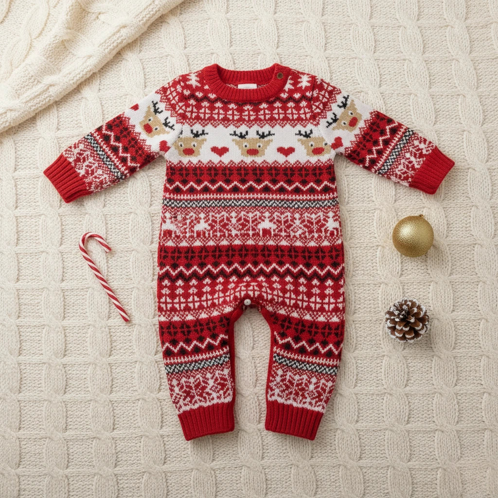Alternate flat-lay of romper with holiday props.