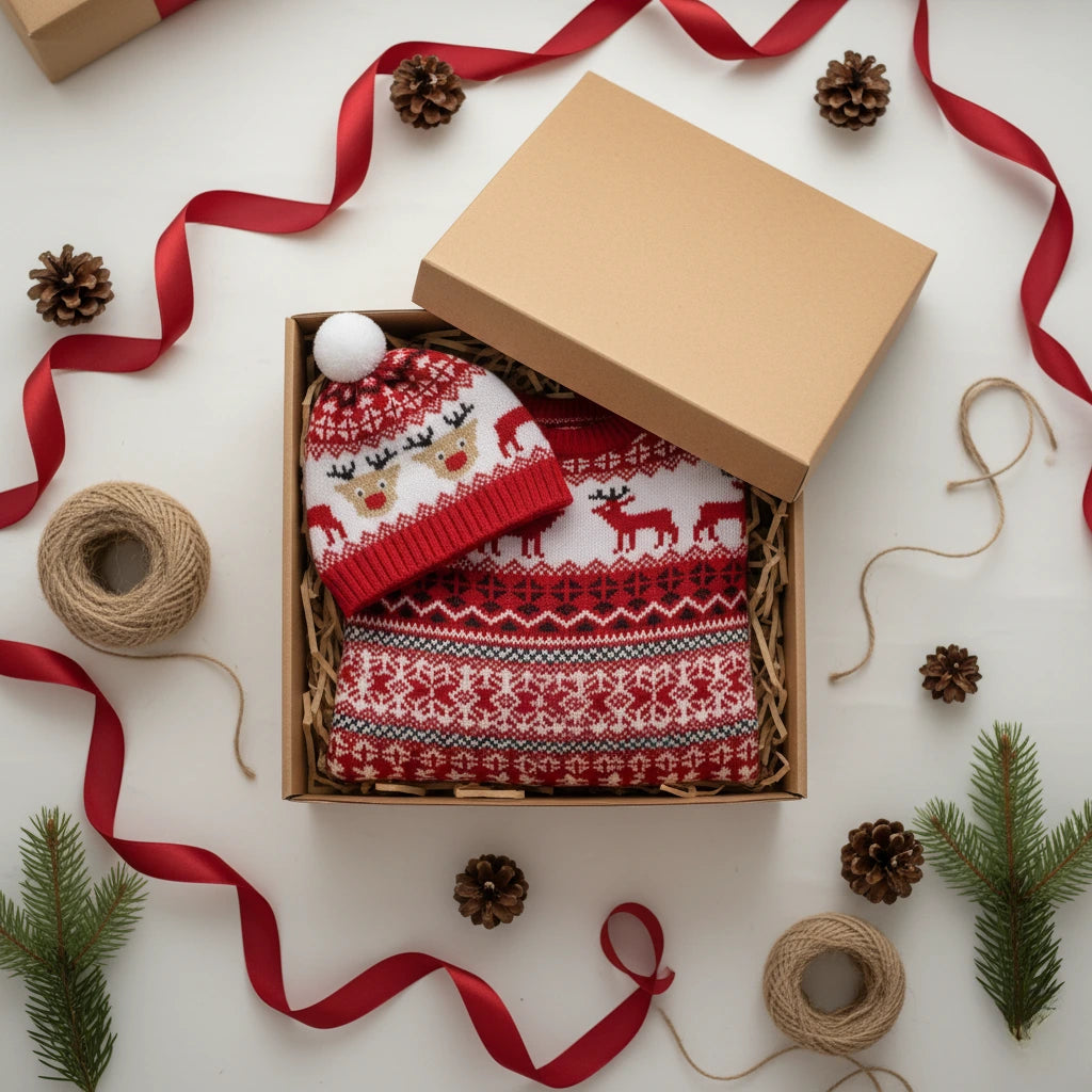 Velaflare knit romper folded in gift box with ribbon and holiday décor.