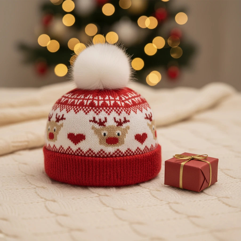 Close-up of matching Christmas knit baby hat with pompom and reindeer design.