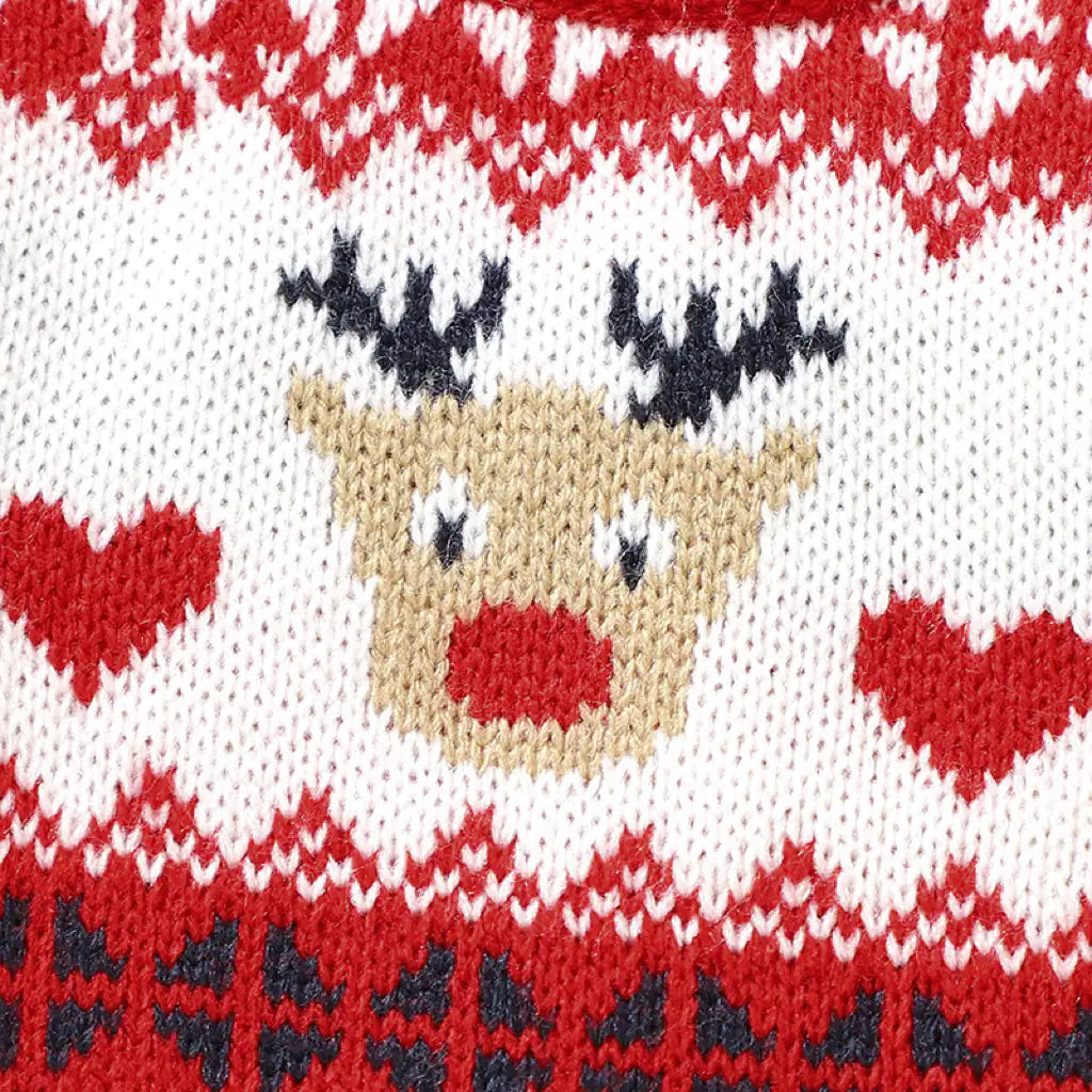 Close-up of festive knit pattern showing reindeer and snowflake details.
