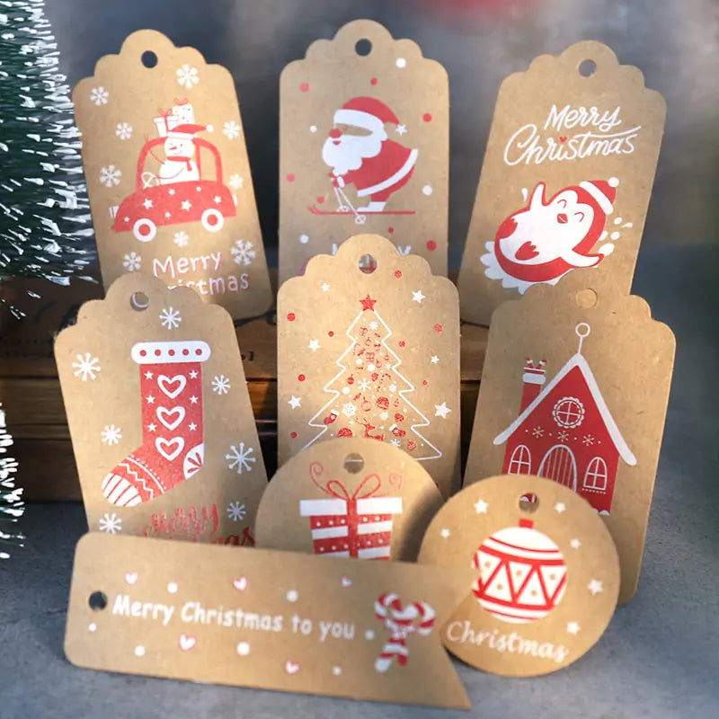Full Velaflare Christmas gift tag set showing Santa, snowman, reindeer, and tree designs on durable kraft paper.
