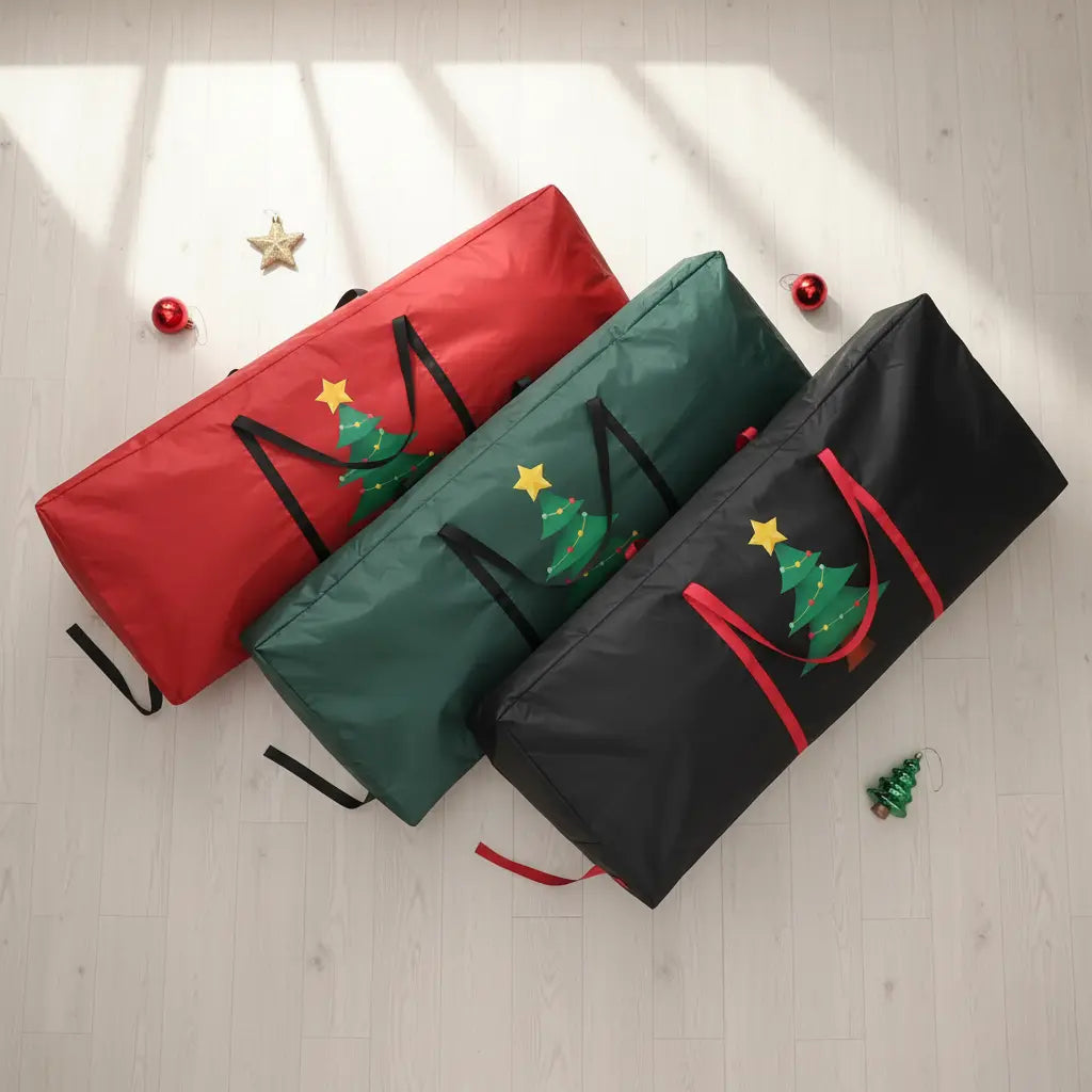 Velaflare Christmas tree storage bags in red, green, and black colors displayed flat.