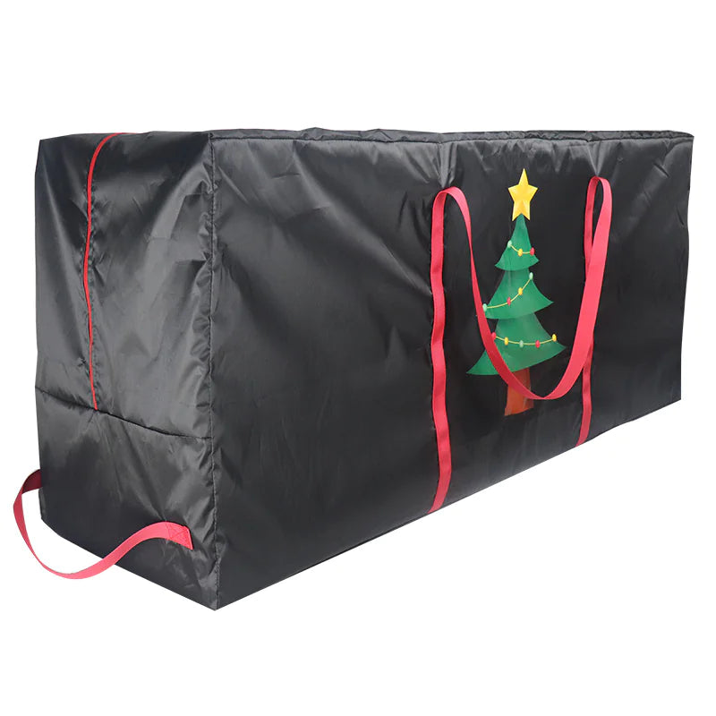 Velaflare black Christmas tree storage bag with red handles and festive embroidery.