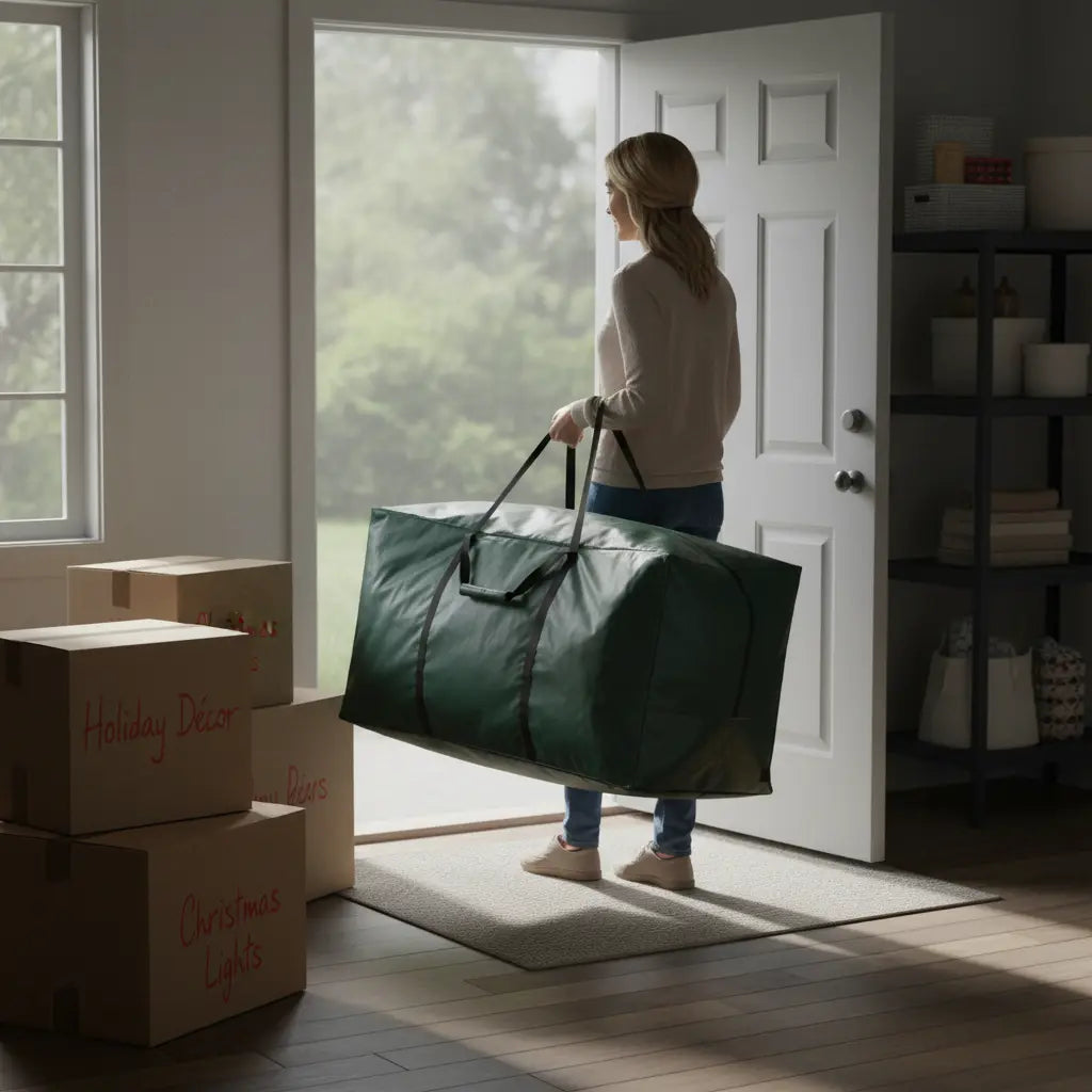 Person carrying Velaflare tree bag through bright home interior.