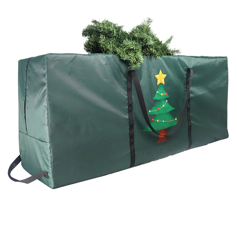 Velaflare green Christmas tree storage bag filled with artificial tree branches.