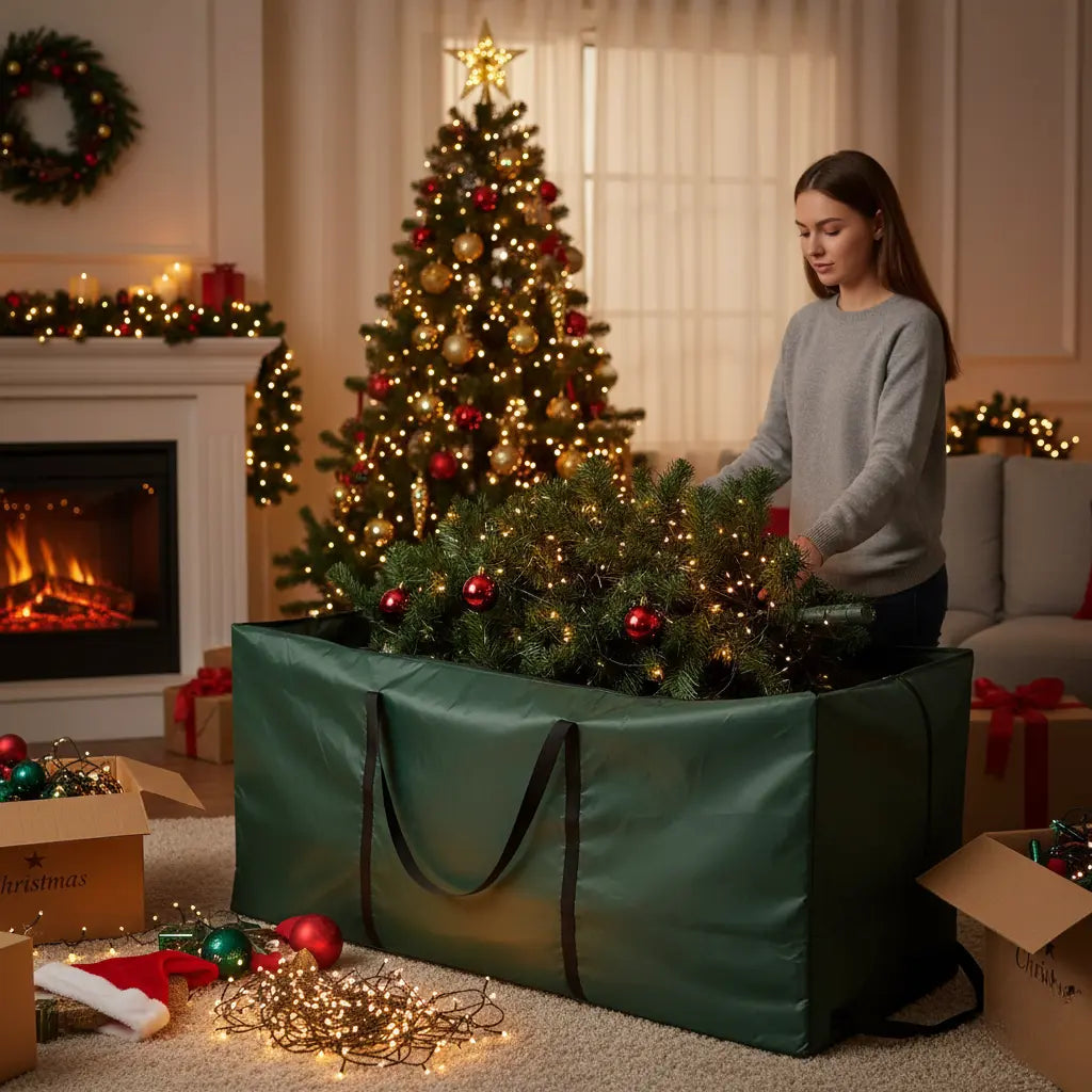 Velaflare tree storage bag in living room scene with Christmas décor, person packing artificial tree.