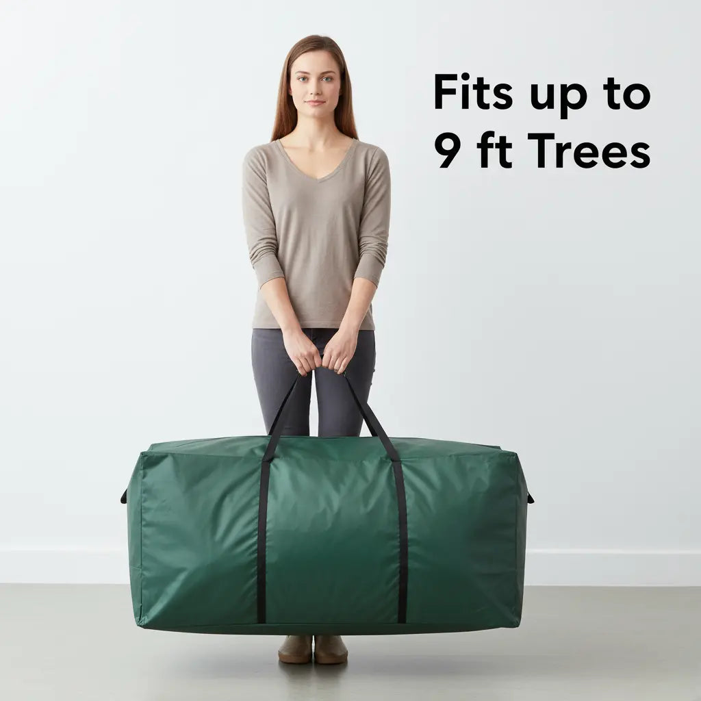 Velaflare Christmas tree storage bag held upright showing 9 ft capacity.