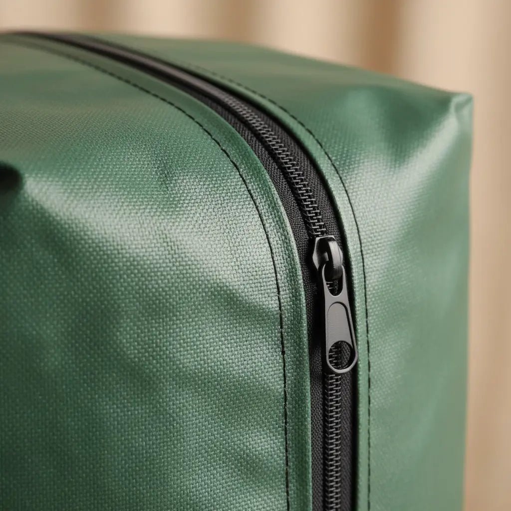 Close-up of Velaflare tree bag zipper showing waterproof fabric texture.