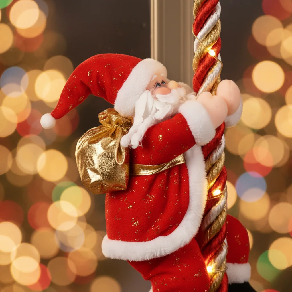 Close-up of Velaflare climbing Santa showing red outfit and gold sack.