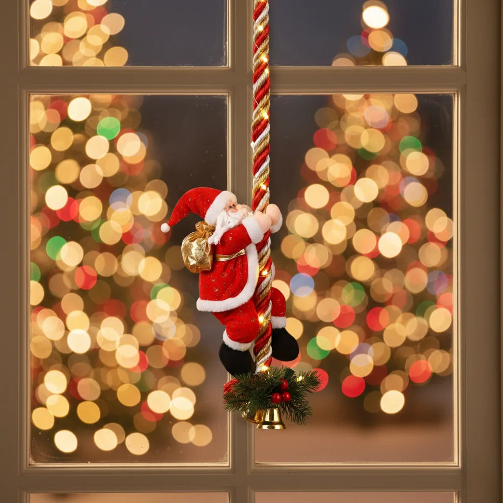 Animated climbing Santa decoration by window with holiday lights.