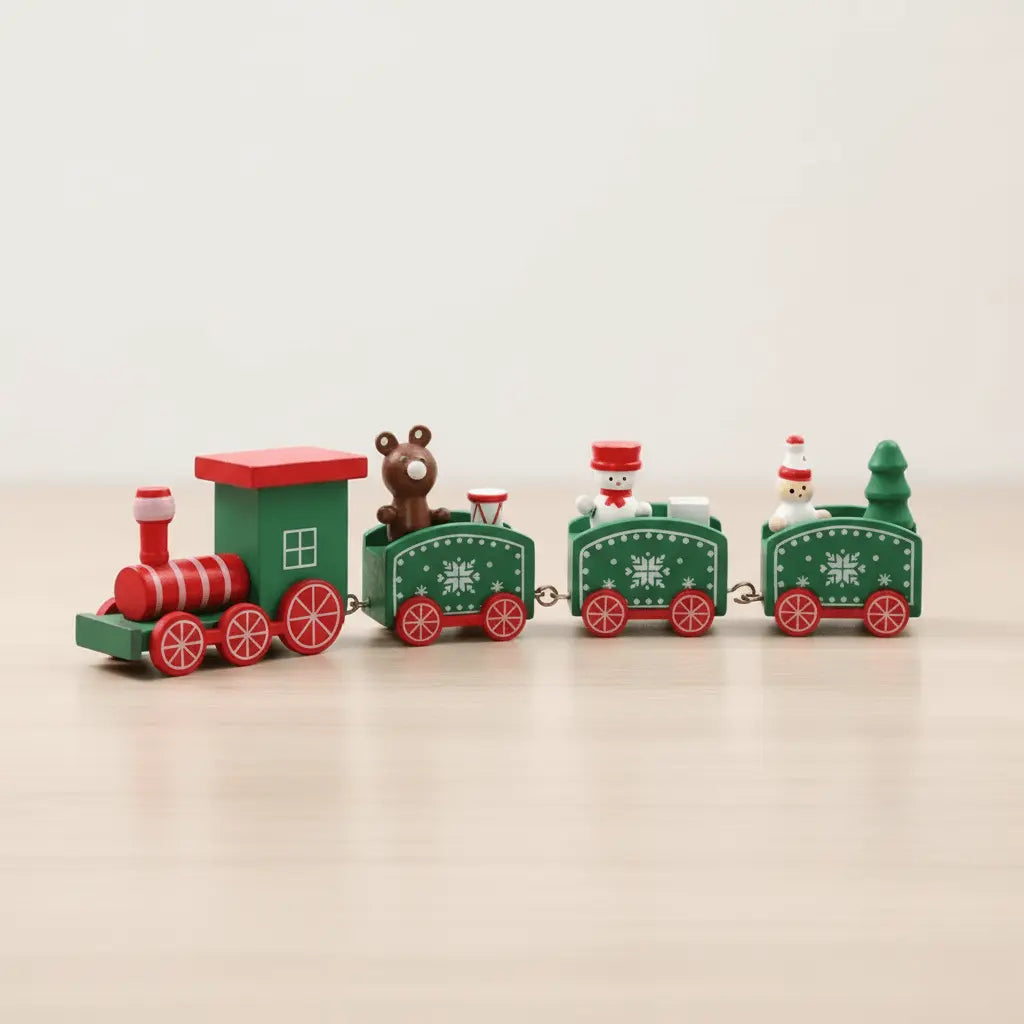 Green handcrafted wooden Christmas train with Santa and reindeer figurines.