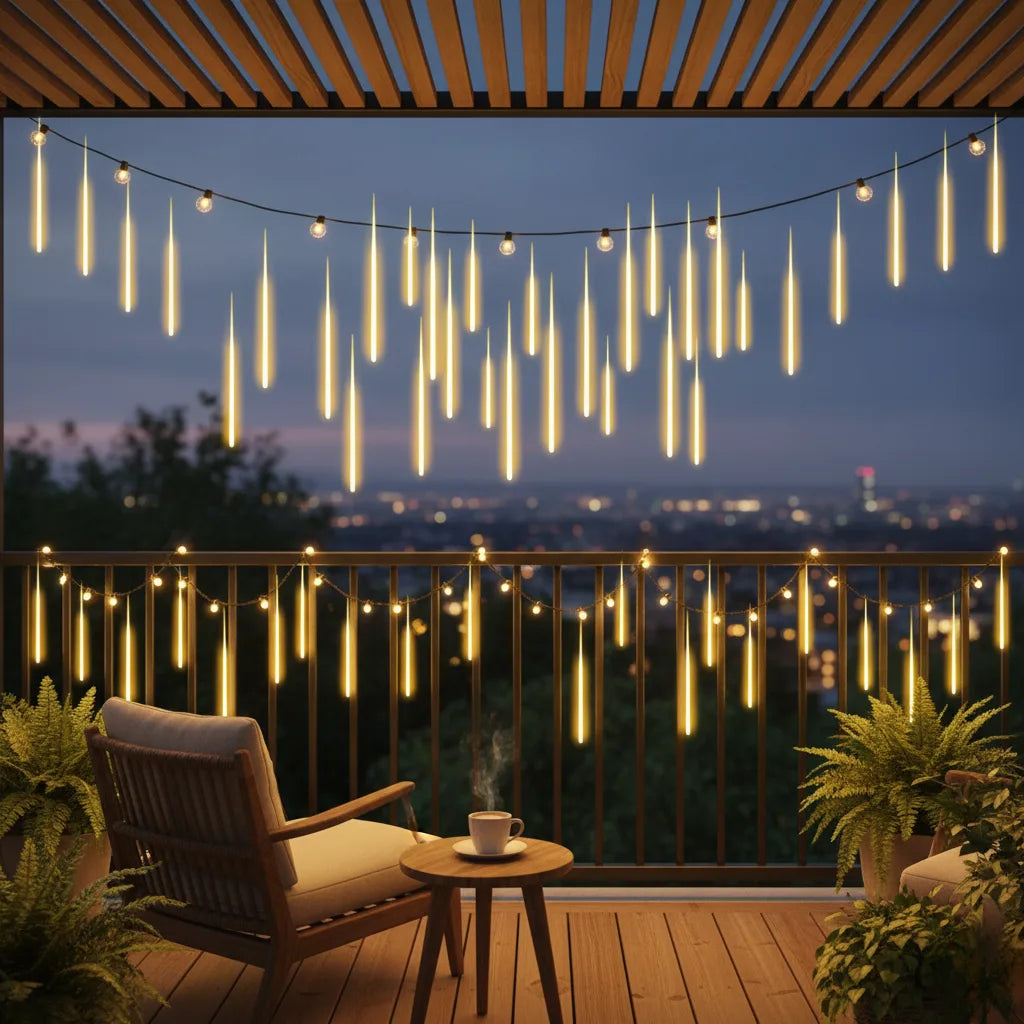 Velaflare LED meteor shower lights hanging along a balcony railing, adding elegant golden illumination to outdoor evenings.