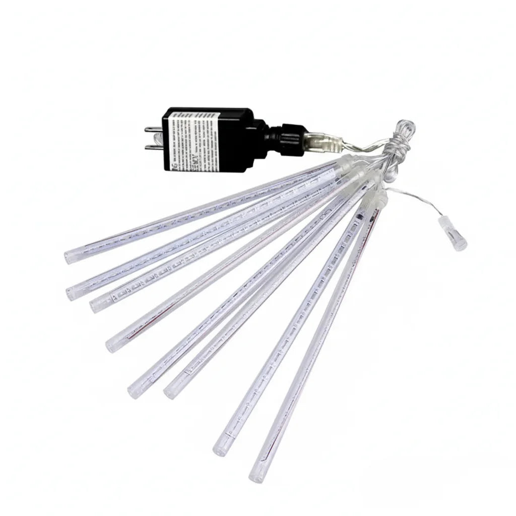 Velaflare LED meteor shower lights set with multiple transparent LED tubes and plug-in connector on white background.