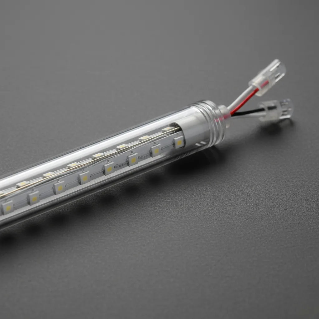 Close-up of Velaflare LED meteor shower light tube showing transparent waterproof casing and LED details.