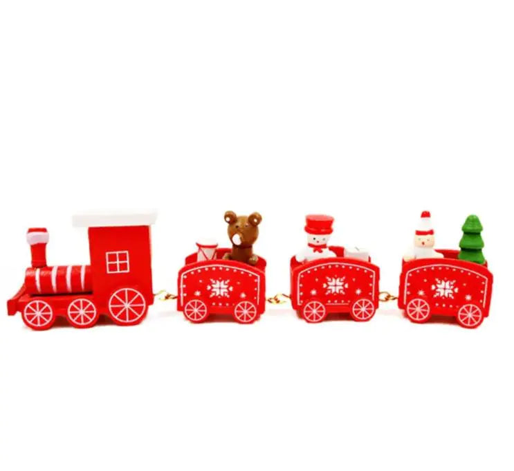 Red wooden Christmas train with Santa, bear, and snowman figurines.