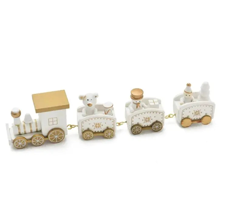 Elegant white and gold wooden Christmas train ornament with four connected cars featuring Santa, snowman, and bear figurines on white background.