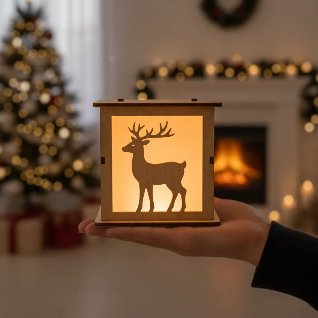 Person holding small 3D wooden LED Christmas light box with glowing reindeer silhouette in cozy holiday room.