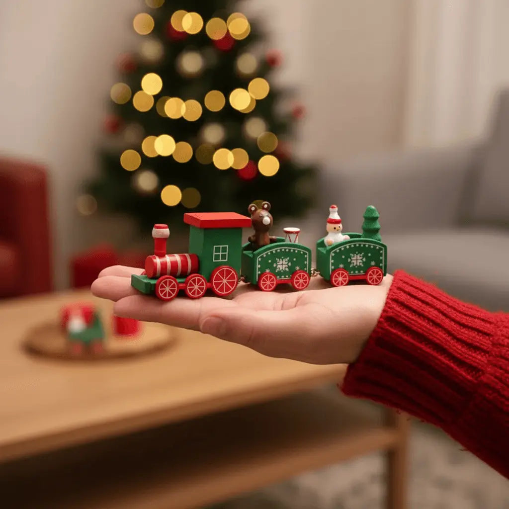 Person holding green wooden Christmas train near fireplace and holiday décor.