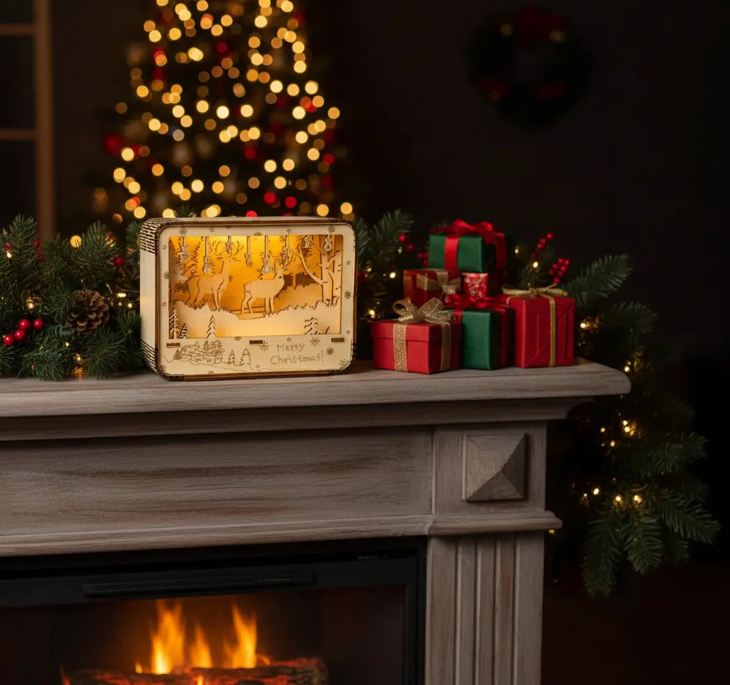 3D wooden LED Christmas light box glowing on fireplace mantel surrounded by holiday decorations.