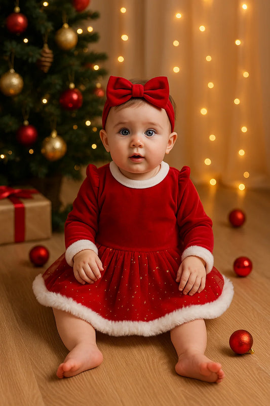 Baby girl wearing red velvet Christmas romper with white fur trim and bow headband sitting near Christmas tree lights.