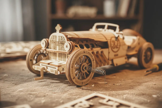 Velaflare 3D wooden puzzle Grand Prix car displayed on a wooden surface in warm lighting, showcasing craftsmanship and vintage detail.