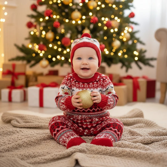 Baby wearing Velaflare festive knit romper sitting by Christmas tree and presents.