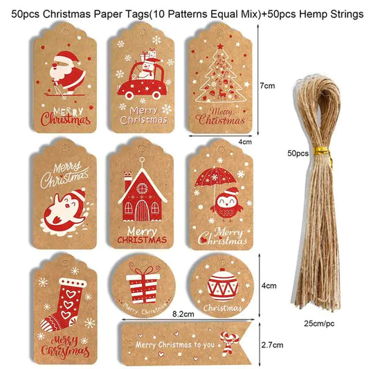 Velaflare Santa Claus Christmas gift tags 50-pack featuring 10 unique red and white kraft paper designs with hemp twine.