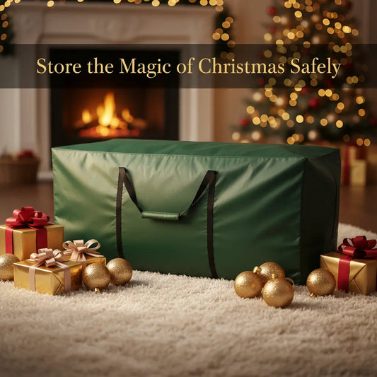 Velaflare Christmas tree storage bag with “Store the Magic of Christmas Safely” text in cozy holiday room.