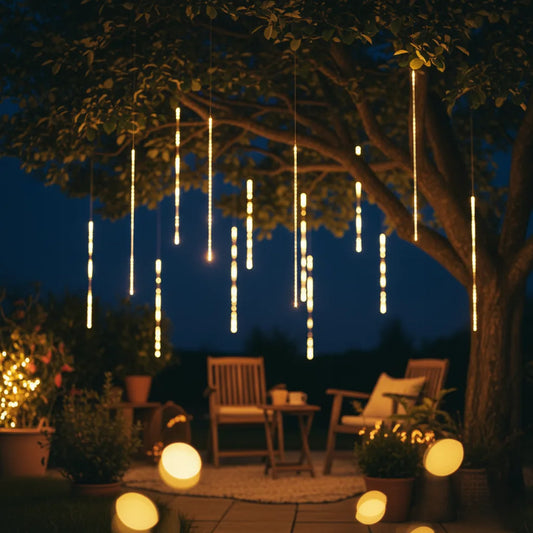 Velaflare LED meteor shower string lights glowing warmly on a garden tree, creating a cozy festive atmosphere outdoors.