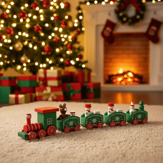 Green wooden Christmas train ornament displayed under a festive tree with holiday lights.