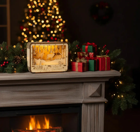 3D wooden LED Christmas light box glowing on fireplace mantel surrounded by holiday decorations.
